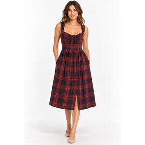 Bluivy Plaid Cotton Midi Dress Small Tie Front Corset Style Cottagecore Pockets